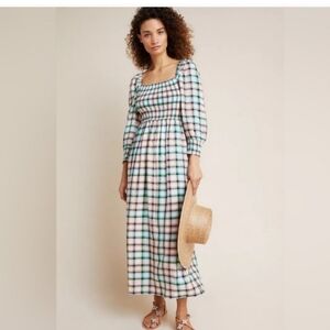 Anthropologie Maeve Cerie Plaid Smocked Maxi Dress, S